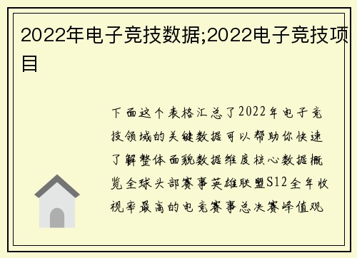 2022年电子竞技数据;2022电子竞技项目